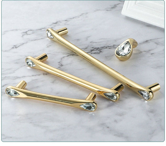 Gold Crystal Cabinet Handles Knobs, Solid Polished Brass Water Drop Diamond Drawer Pulls Cabinet Hardware Handles for Dresser 3.75" 5" 7.55"